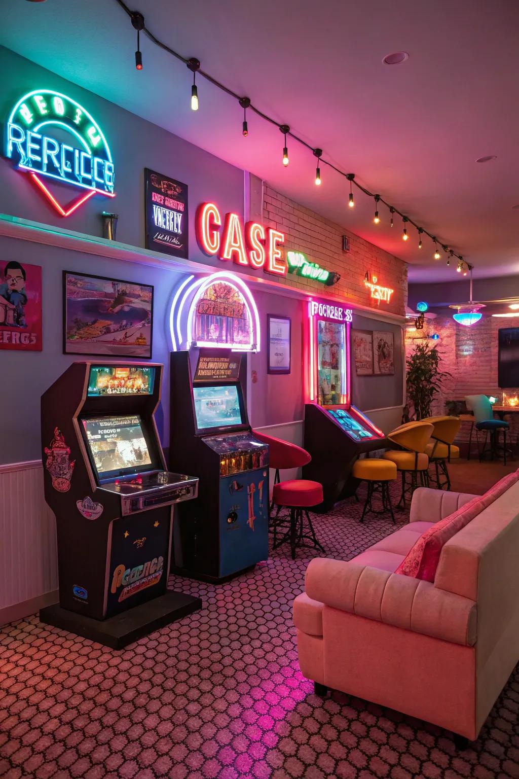 An arcade theme introduces a nostalgic vibe to this gaming room.