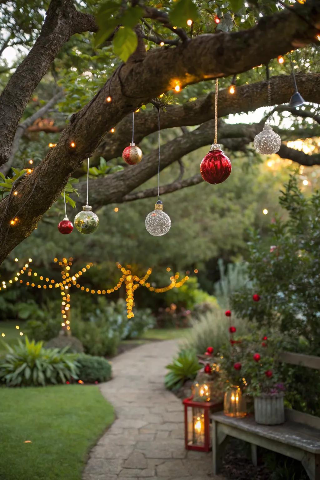 A garden tree adorned with seasonal decorations.