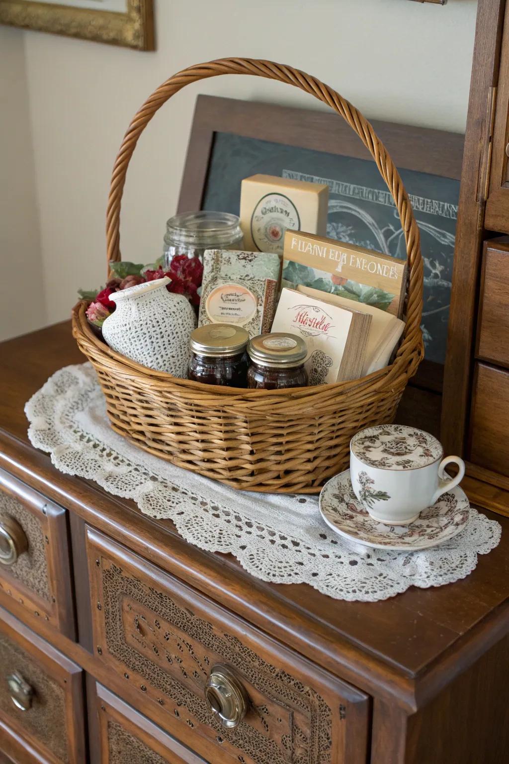 A vintage-themed gift basket featuring nostalgic elements.