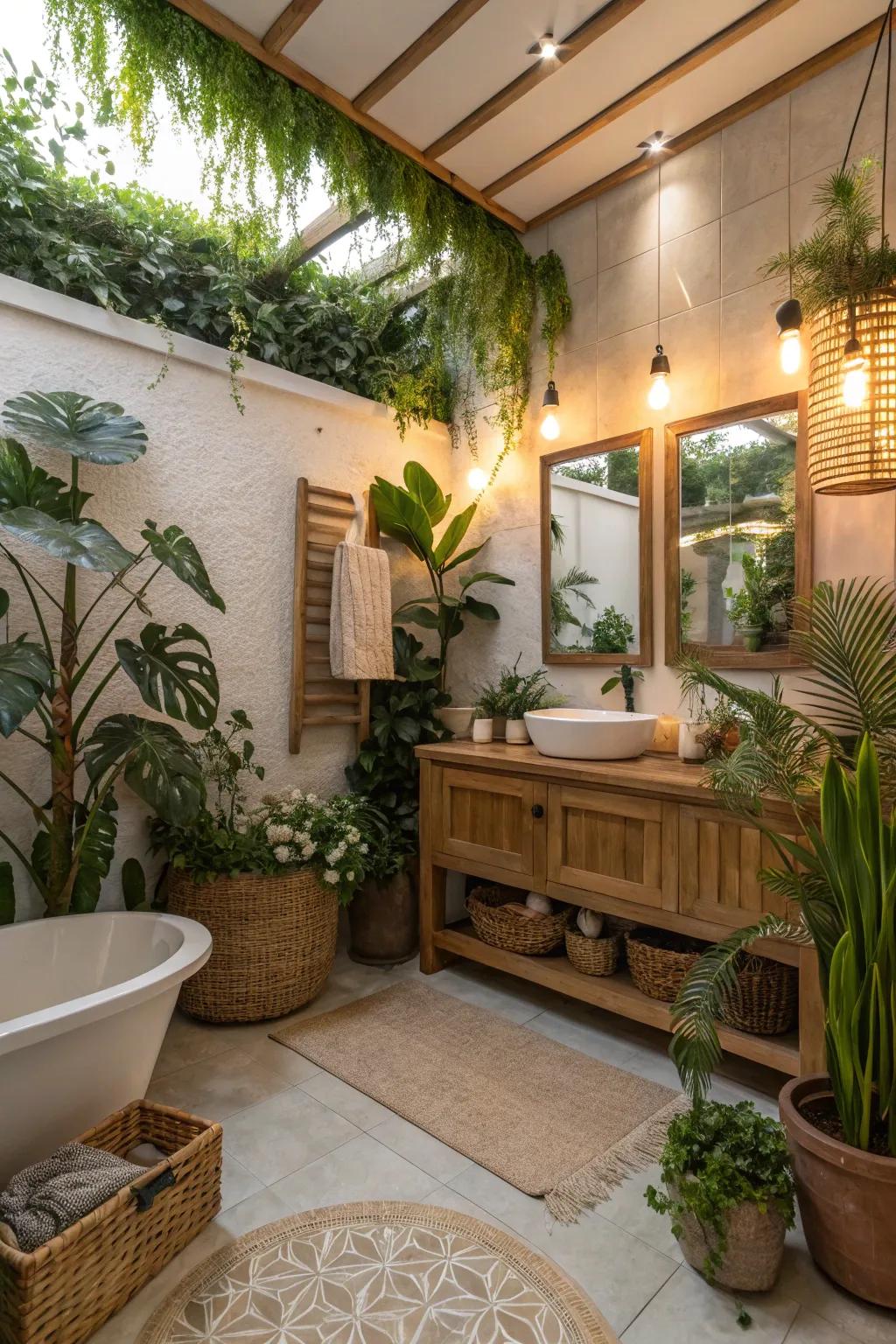 A bathroom beautifully adorned with lush plants and other natural decor elements.