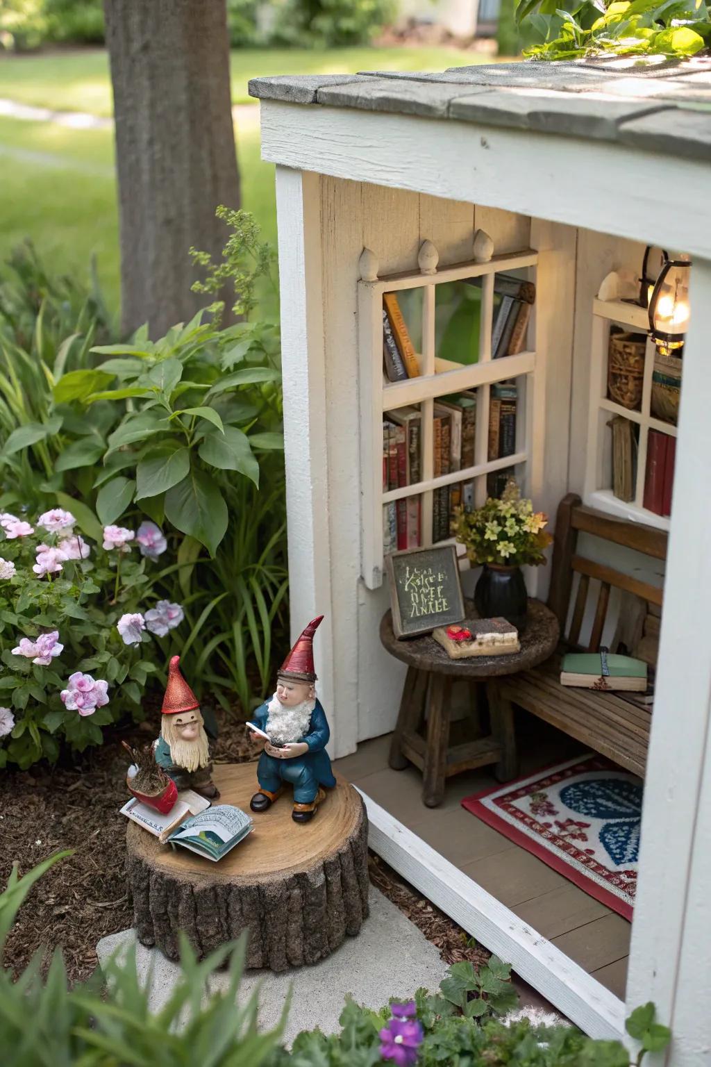 A cozy gnome book nook for quiet garden moments.