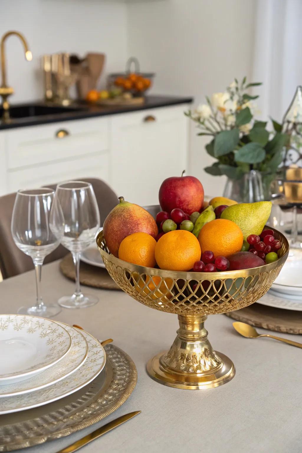 Colorful and zesty gilded fruit bowl centerpiece.