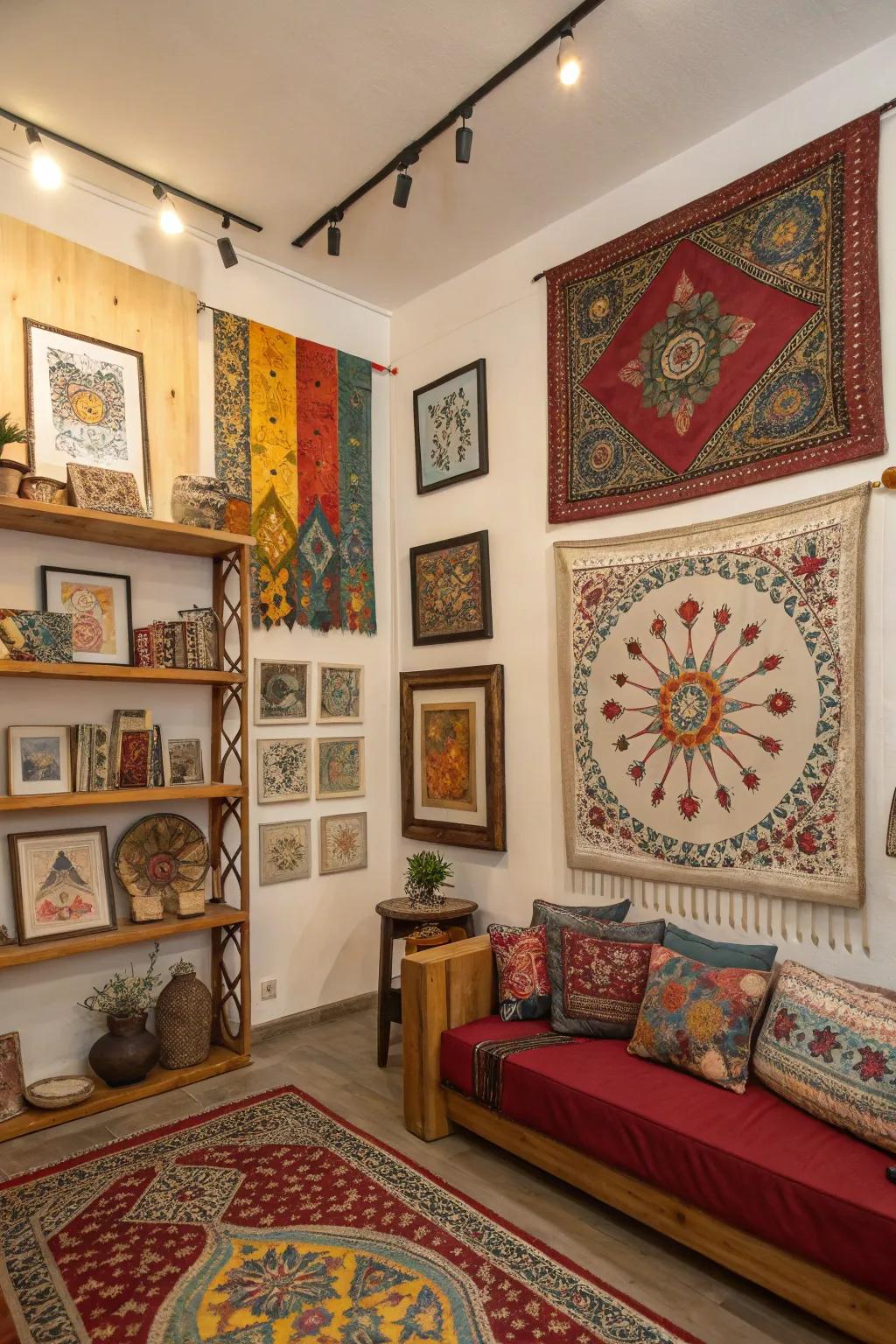 Cultural art enhances the space's depth and character.