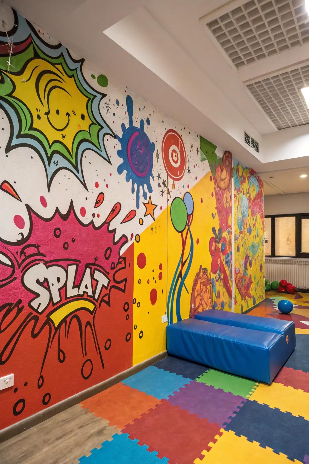 Energetic splash and splatter graffiti in a playroom