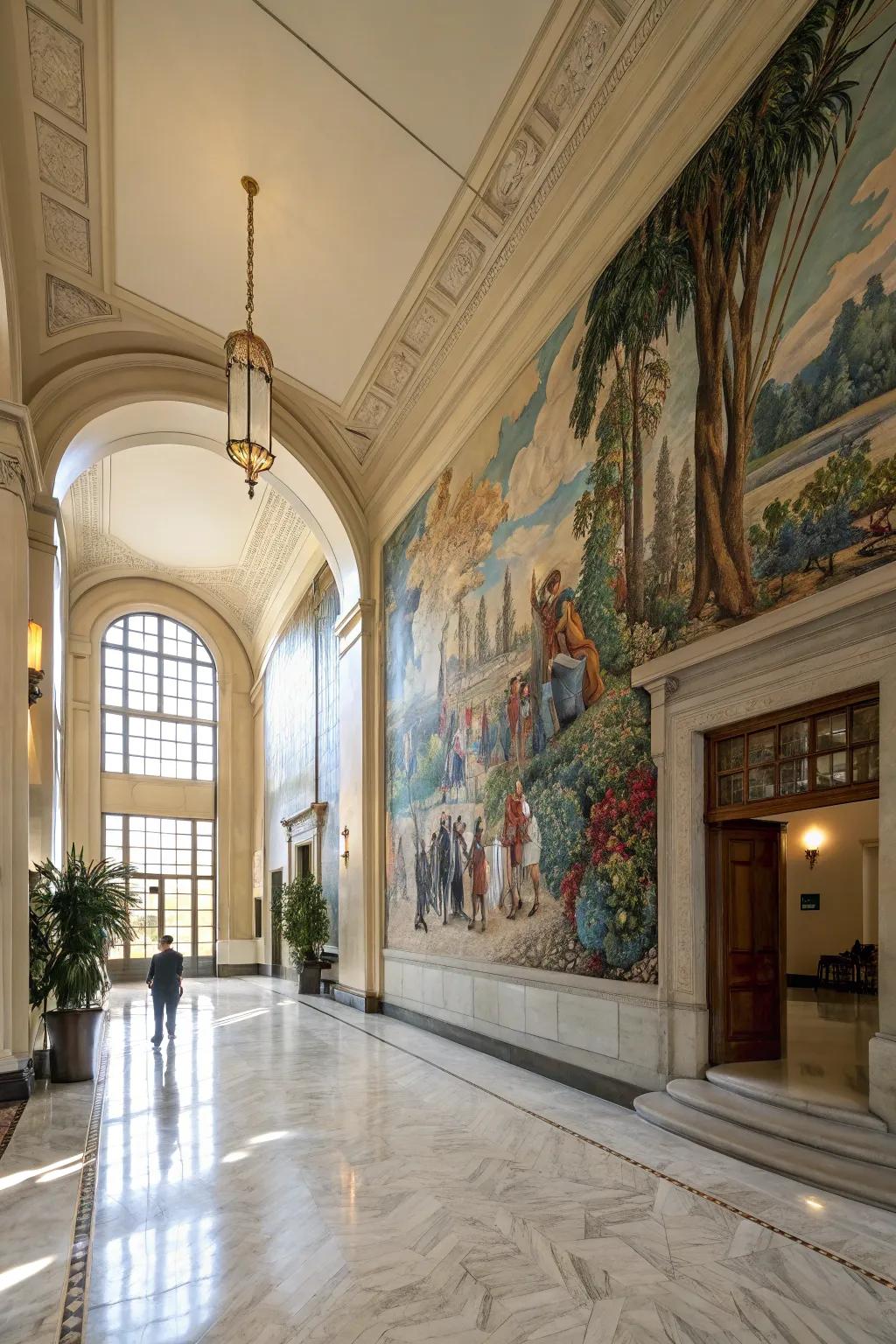 A hand-painted wall art introduces a personalized and artistic touch to a grand foyer.