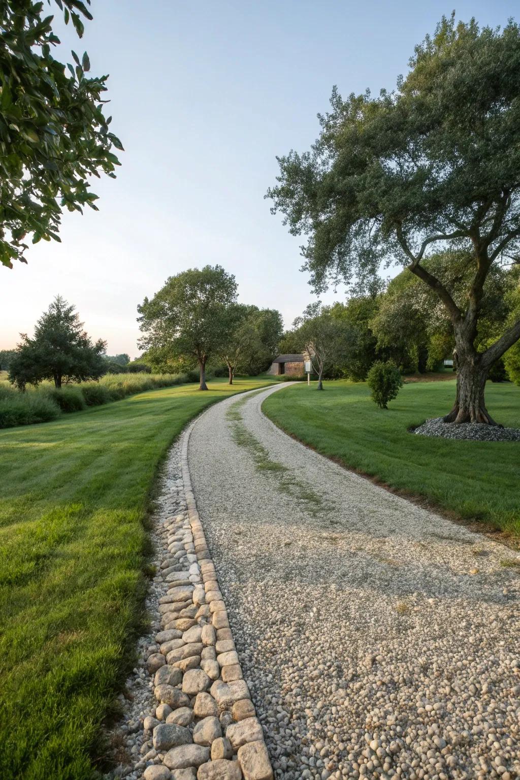 Natural stone paths append texture and guidance to gravel pathways.