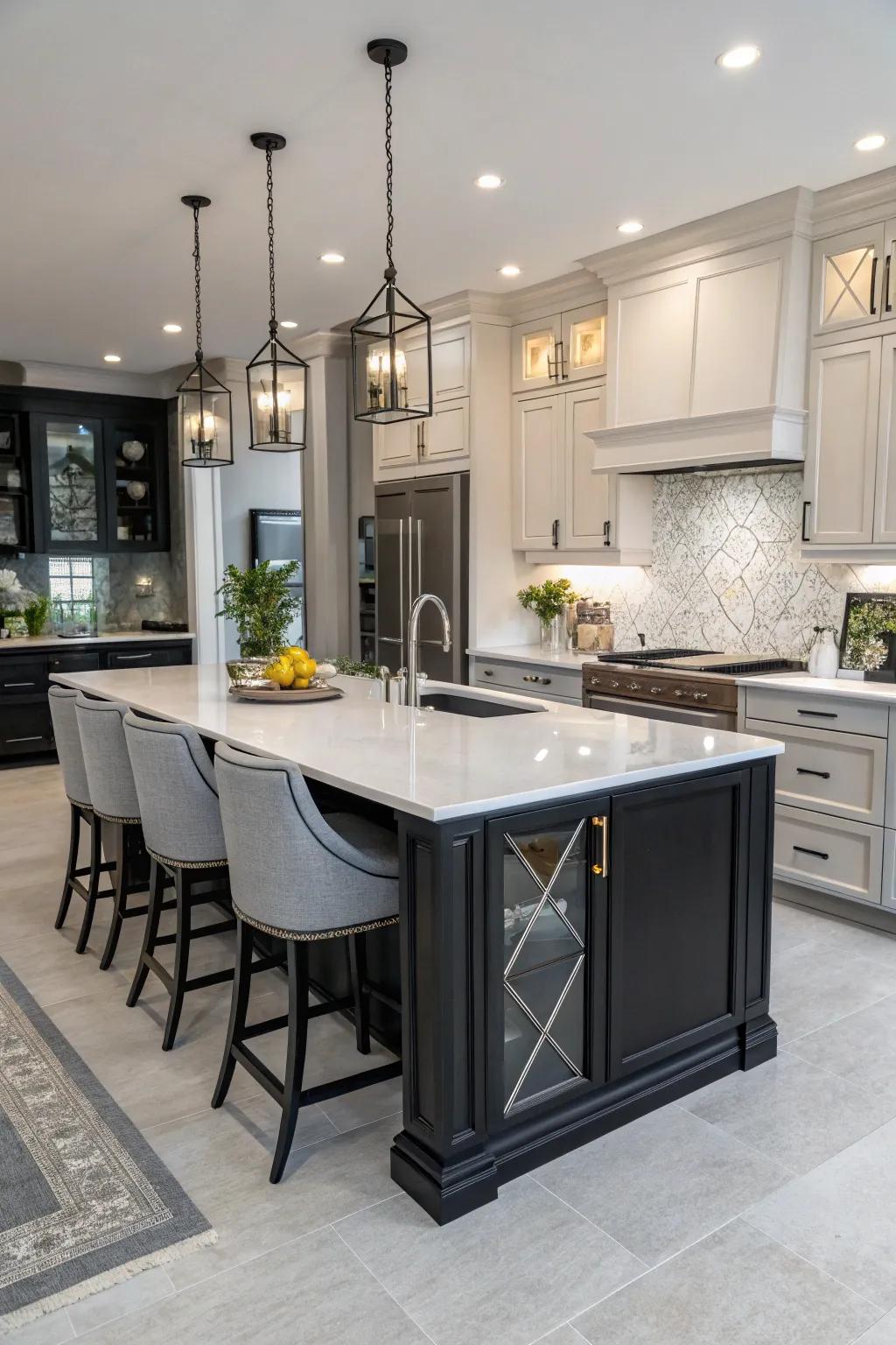The kitchen island serves as a stylish centerpiece.