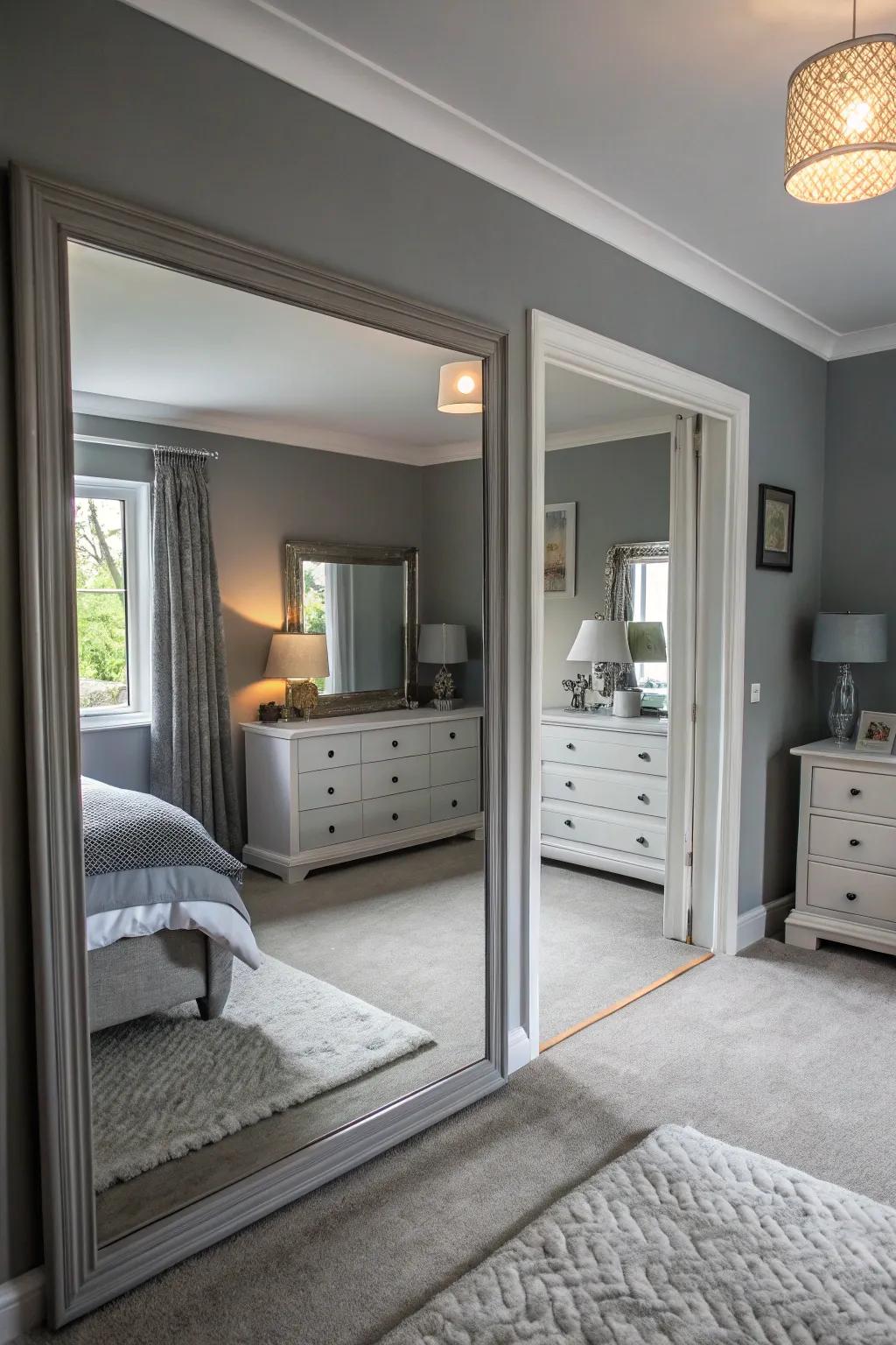 Mirrors amplify both the presence of light and the perception of area within a gray-themed space.