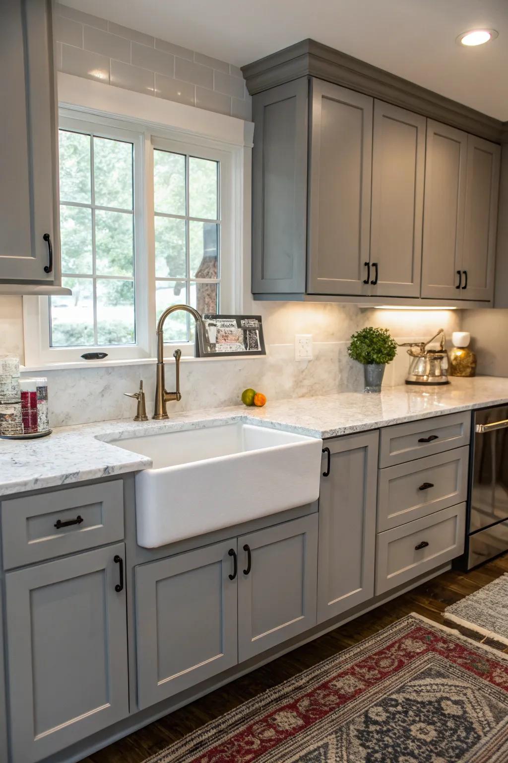 A country-style sink complements the rustic charm of gray cabinets.