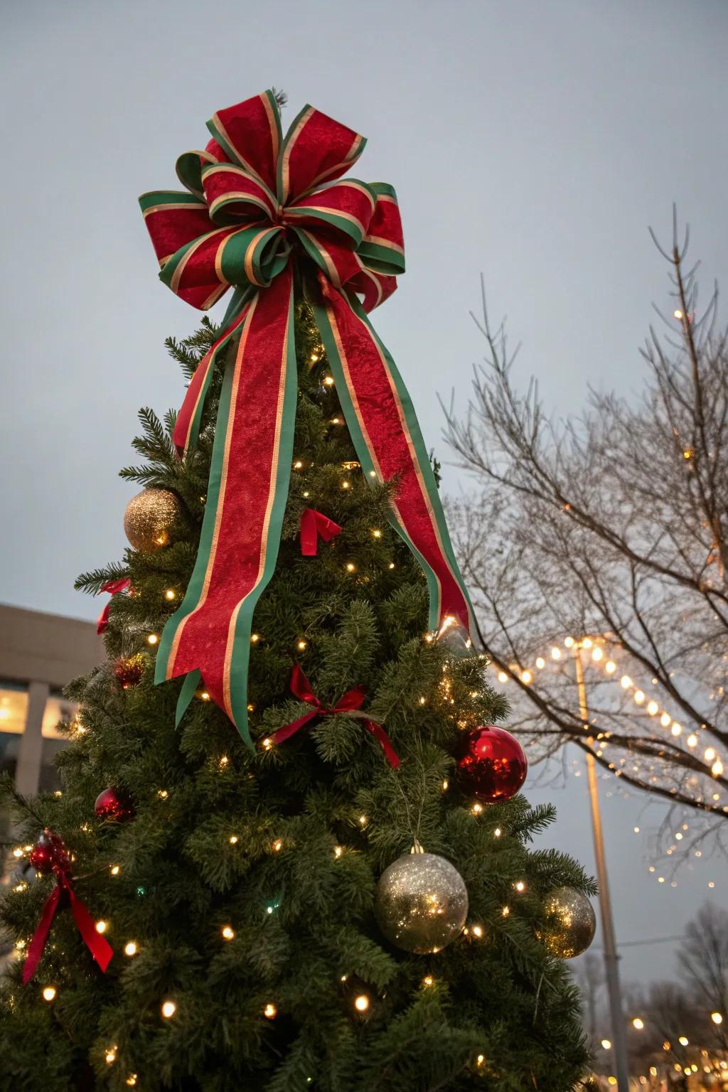 A Christmas tree featuring a unique red and green bow topper.