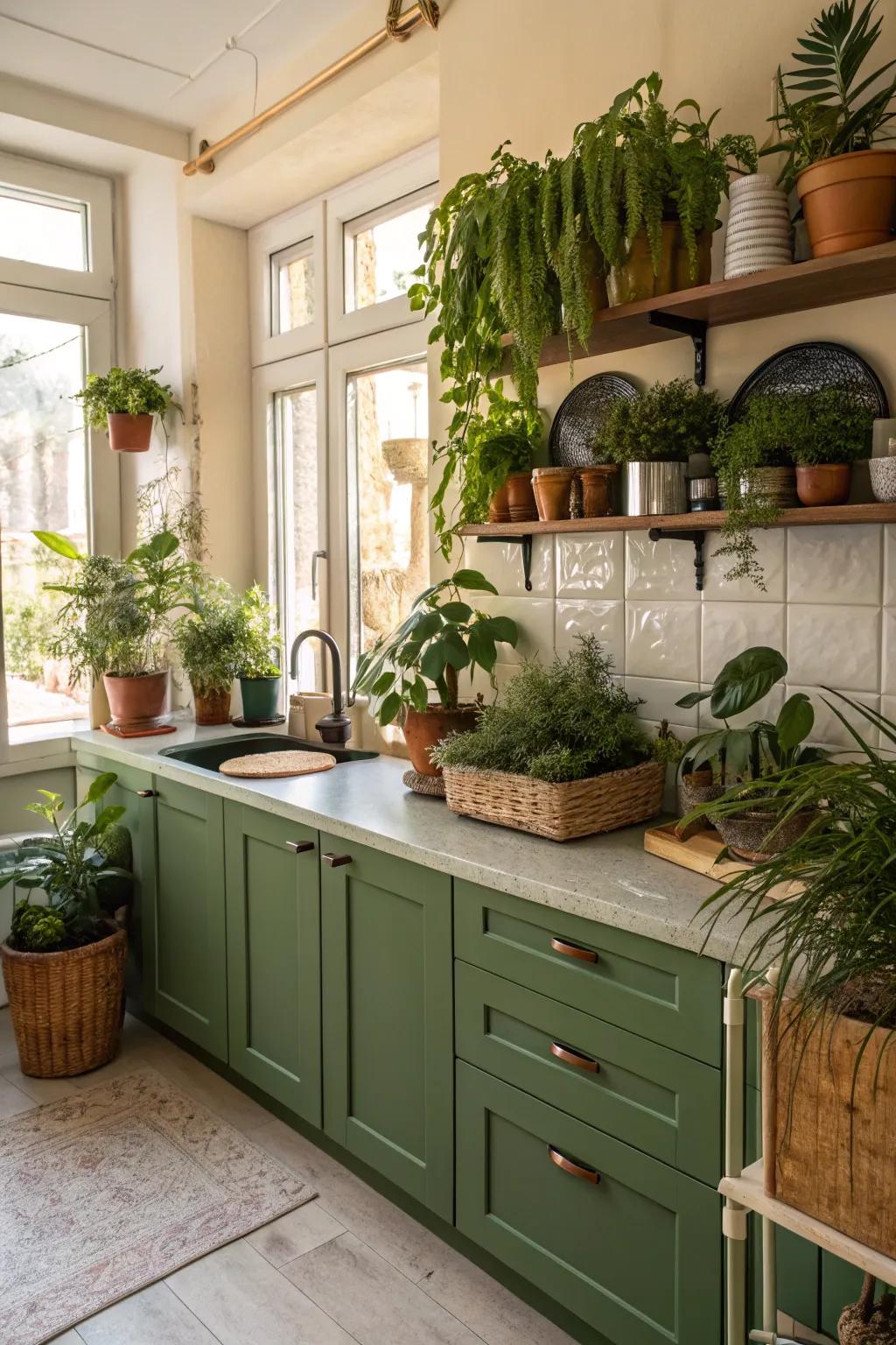 Green cabinetry and plants produce a organic-inspired cooking area.