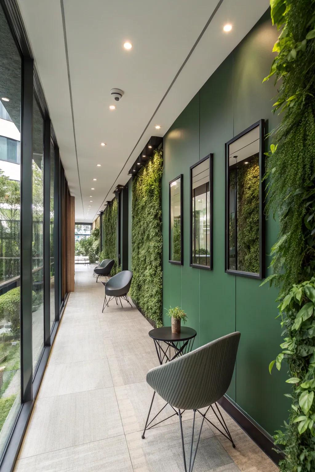 Reflective surfaces enhance the beauty of a green wall in a fashionable hallway.