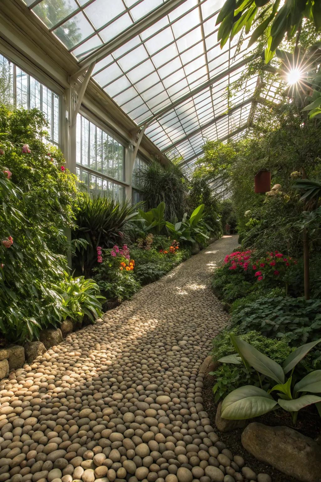 Small-stone flooring grants a tangible and natural surface.