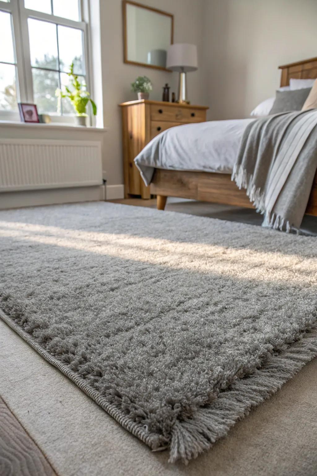 Layering grey on grey enriches the sophistication and feel of the bedroom.