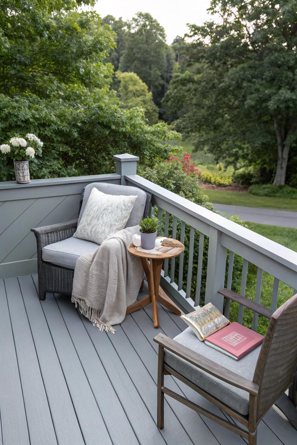 Personal reading nook on a tranquil grey deck.
