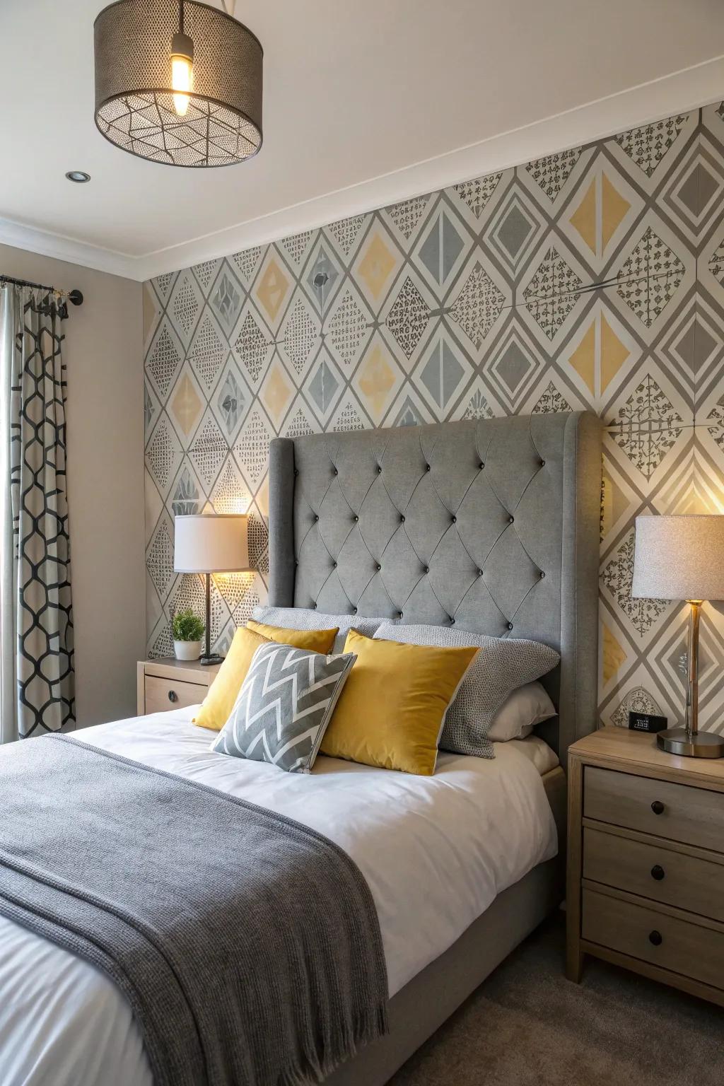 Geometric patterns add a modern twist to a bedroom with a grey headboard.