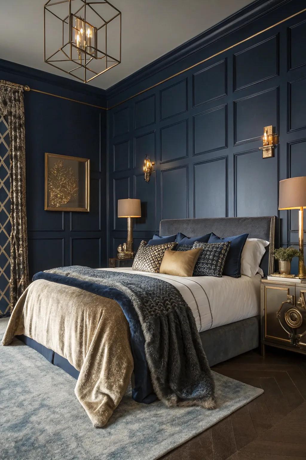 A guest room featuring dramatic deep indigo walls for an elegant touch.