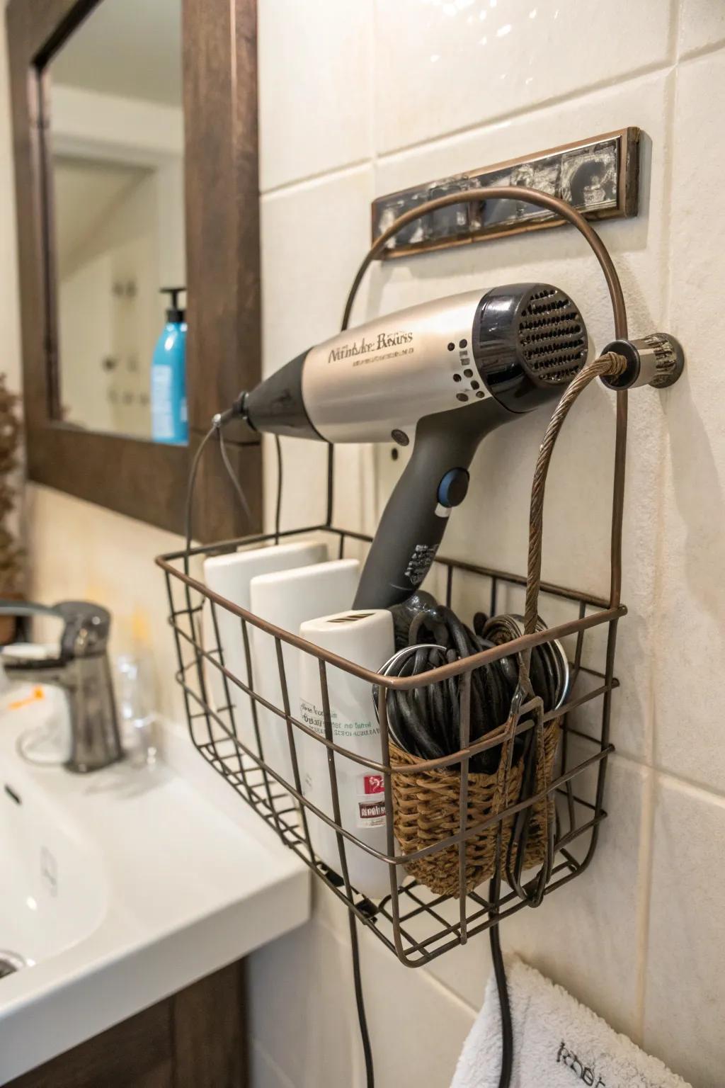 Rustic appeal with reimagined garden baskets for hair device storage.