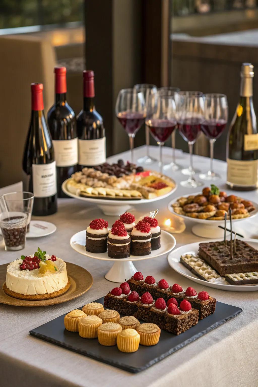 A sophisticated wine and dessert tasting setup, ideal for an adult half birthday celebration.