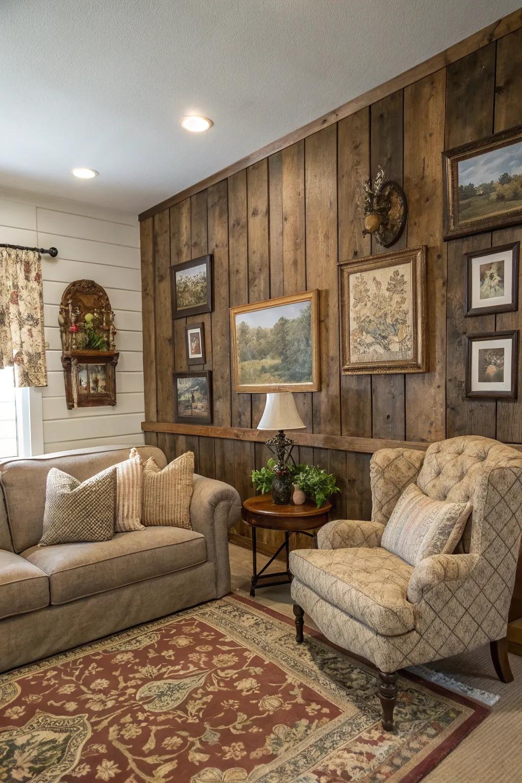 Invite nostalgia with aged wood paneling.