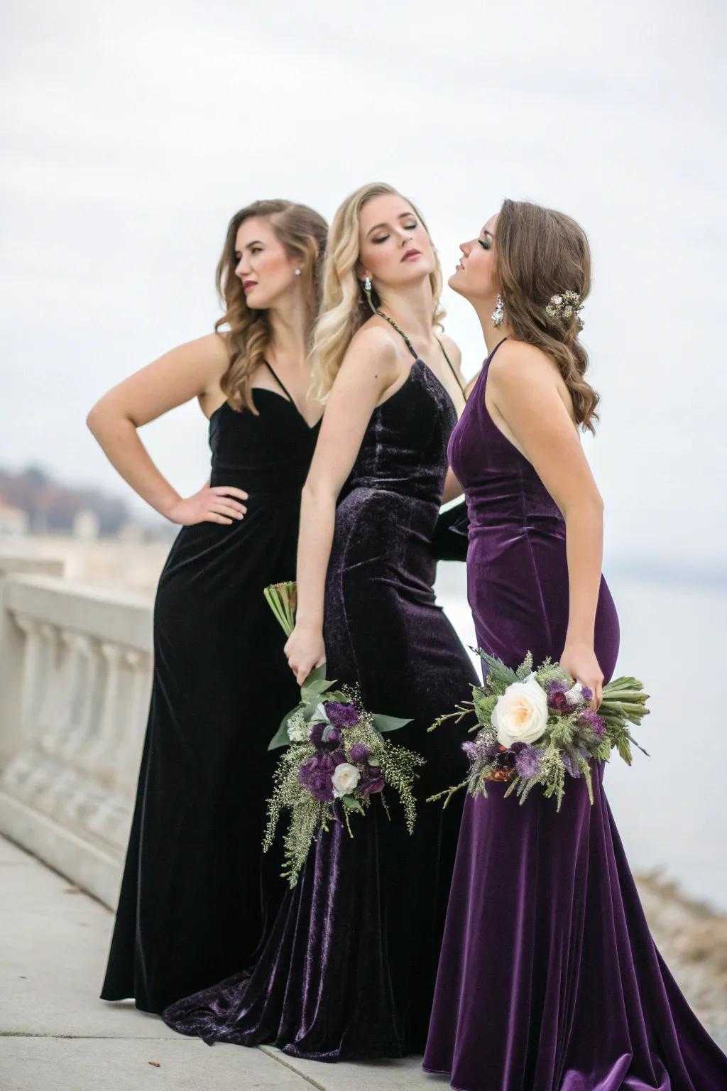 Gothic bridesmaid dresses enhance the depth and theatrical appeal.