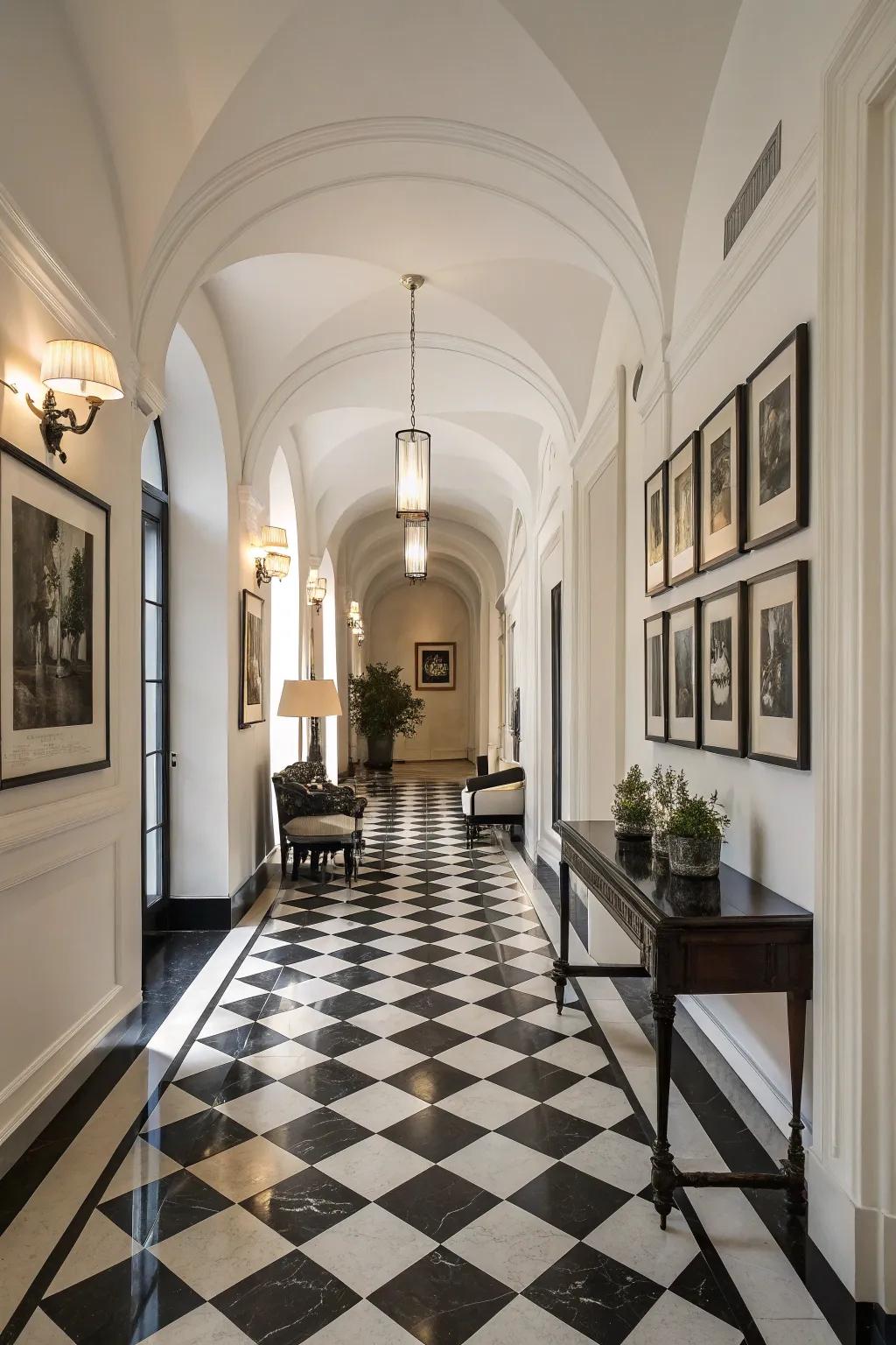 Ebony and ivory offer timeless elegance to hallway designs.