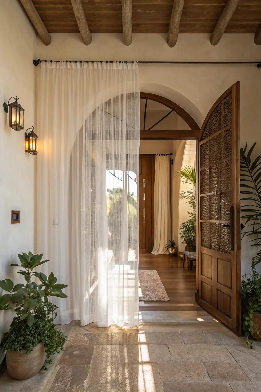 Sheer panels create an airy, light-filled ambiance.