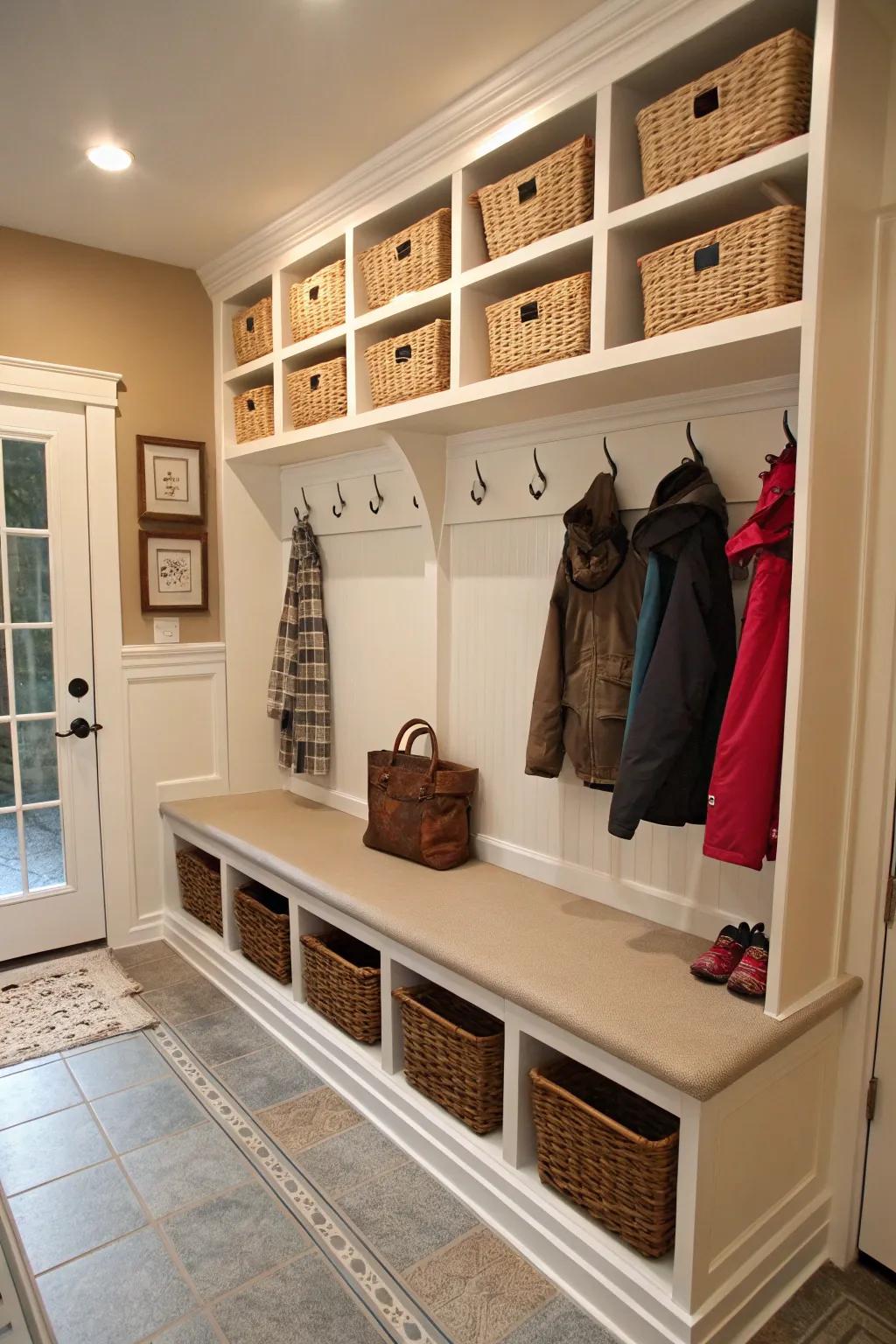 A functional mudroom facilitating a clutter-reduced entrance.