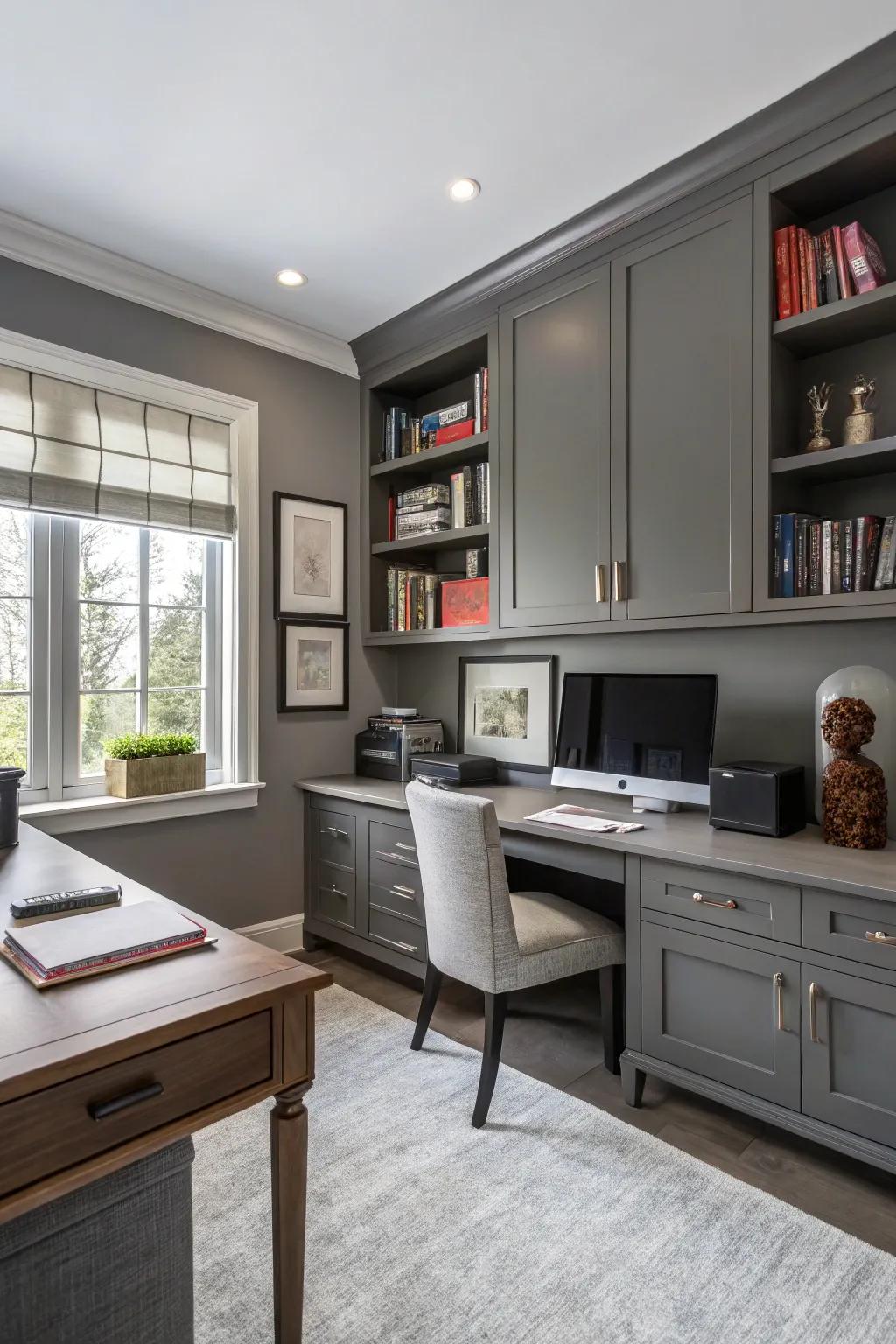 Gray partitions fashion a symmetrical and professional aesthetic in this personal office.