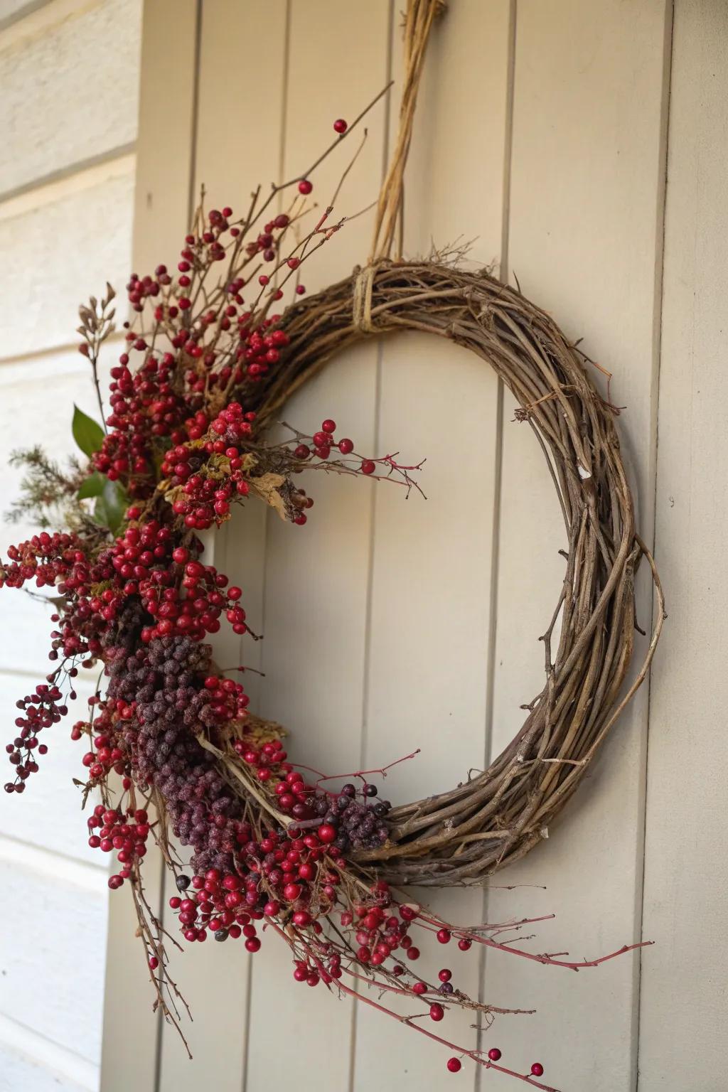 Embrace the seasons with a handcrafted creeping plant and fruit wreath, a fusion of country sophistication and natural appeal.