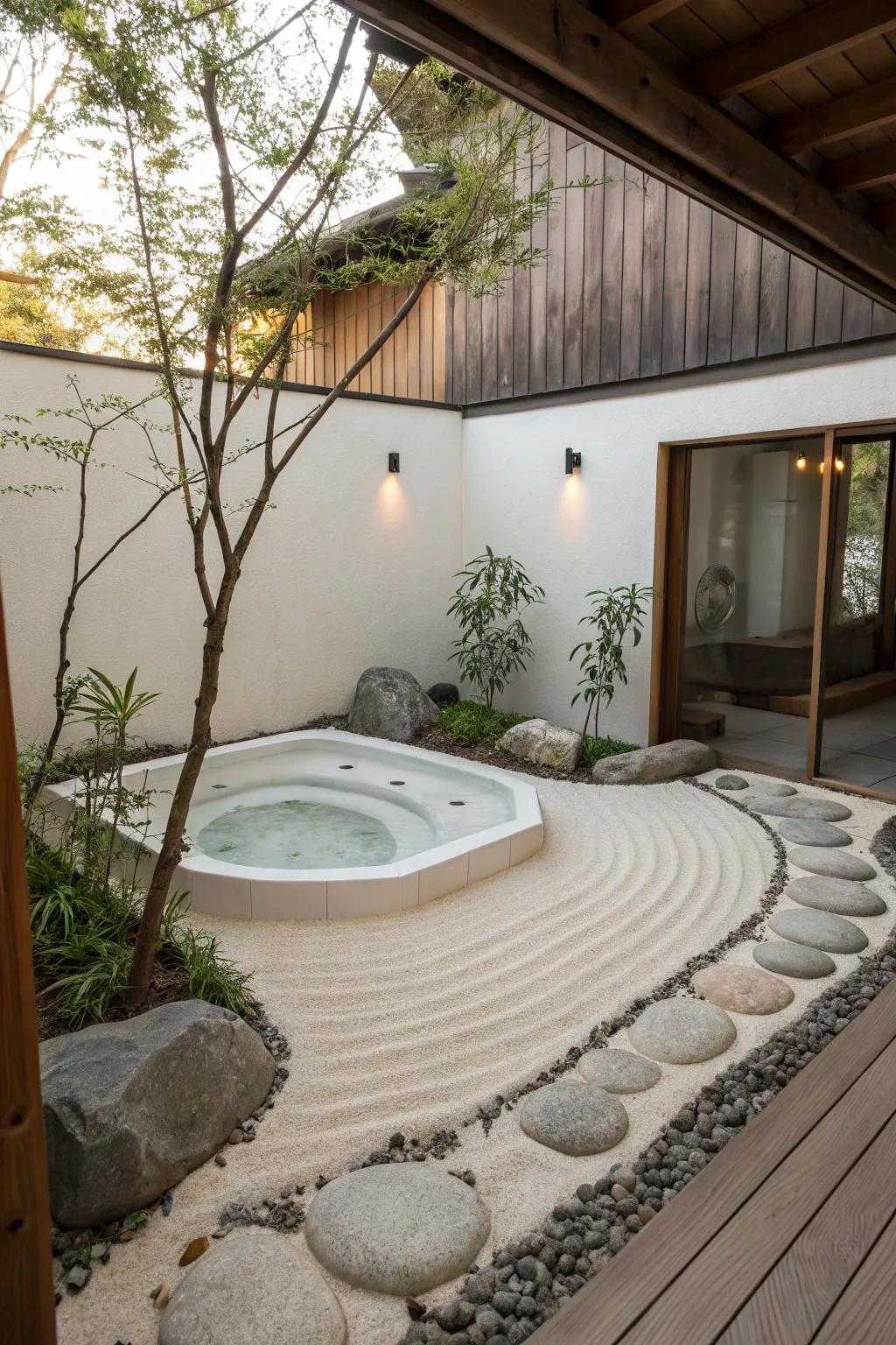 A Zen garden offers simplicity and serenity to the <strong><em>hot tub</em></strong> area.” loading=”lazy” class=”pimg”>
	</picture><figcaption>A Zen garden offers simplicity and serenity to the <strong><em>hot tub</em></strong> area.</figcaption></figure>
<p>Incorporate your <strong><em>hot tub</em></strong> into a Zen garden for ultimate leisure. I adore how the simplicity and serenity of a Zen design enhance the <strong><em>hot tub</em></strong> time.</p>
<h3>A few helpful options:</h3>
<ul class=