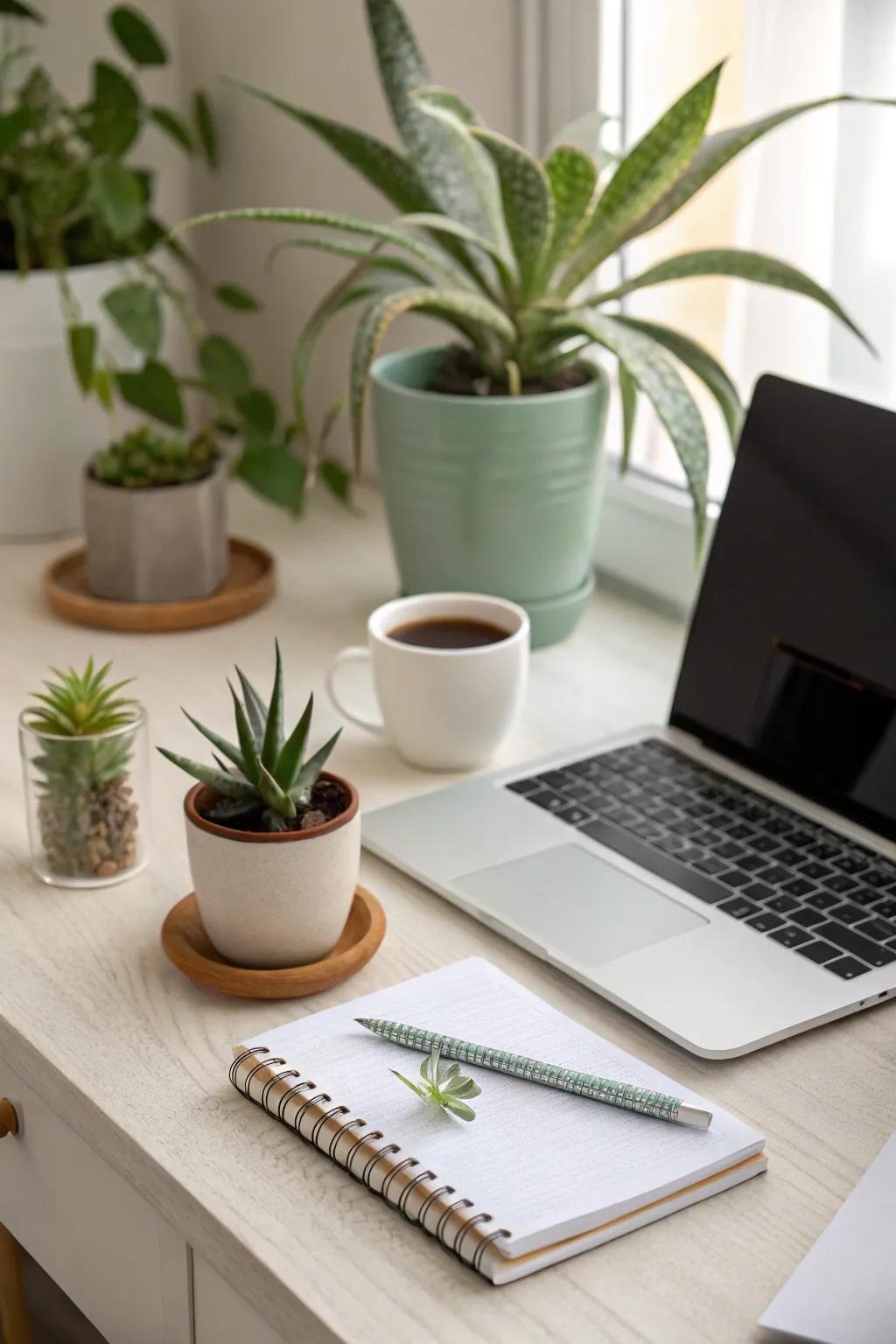 Plants on your desk enhance your workspace ambiance.