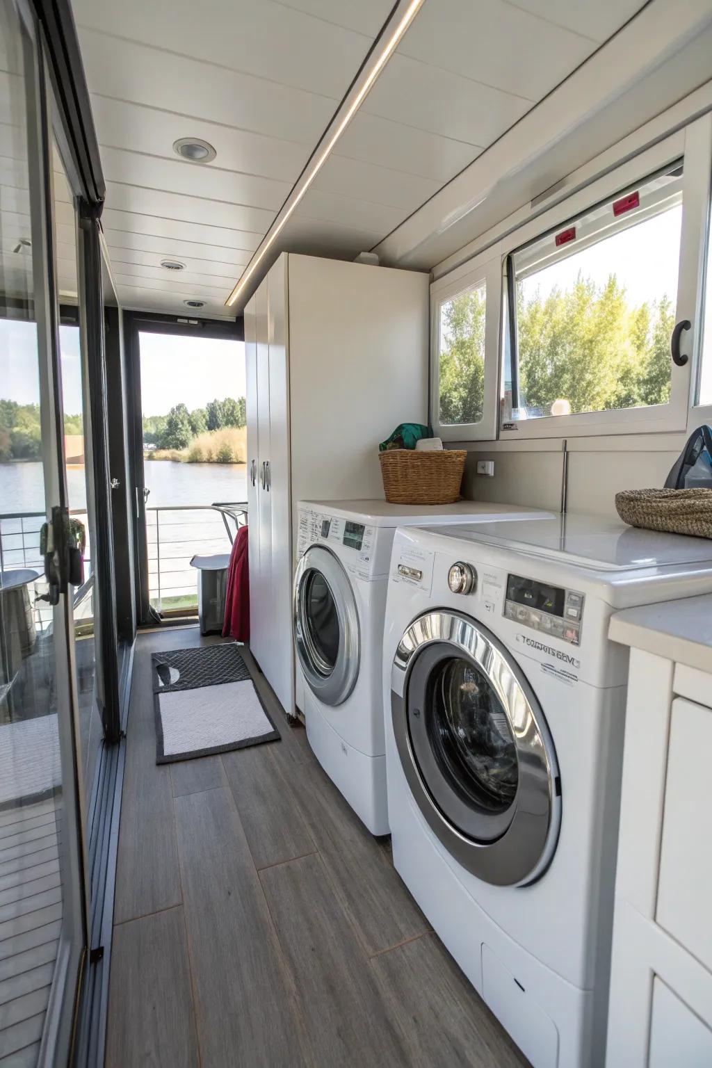 The functionality of this houseboat is improved by the addition of space-saving appliances.