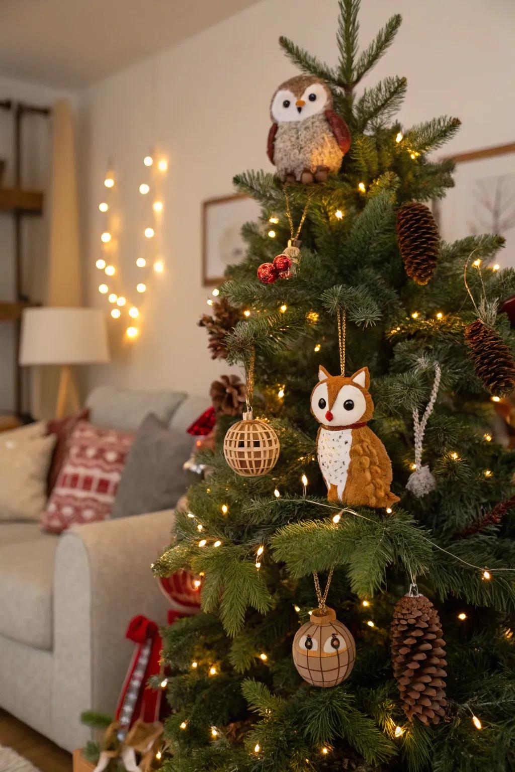 A whimsical Christmas tree showcasing woodland creature ornaments.