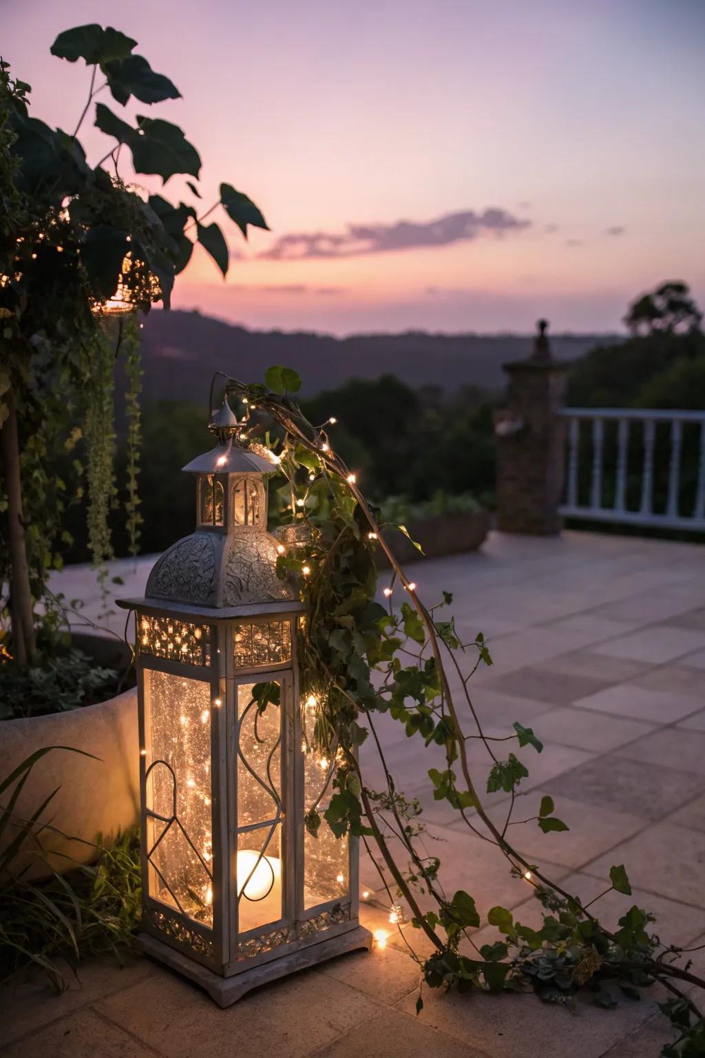 Enchanting fairy tale lantern adorned with vines and lights.