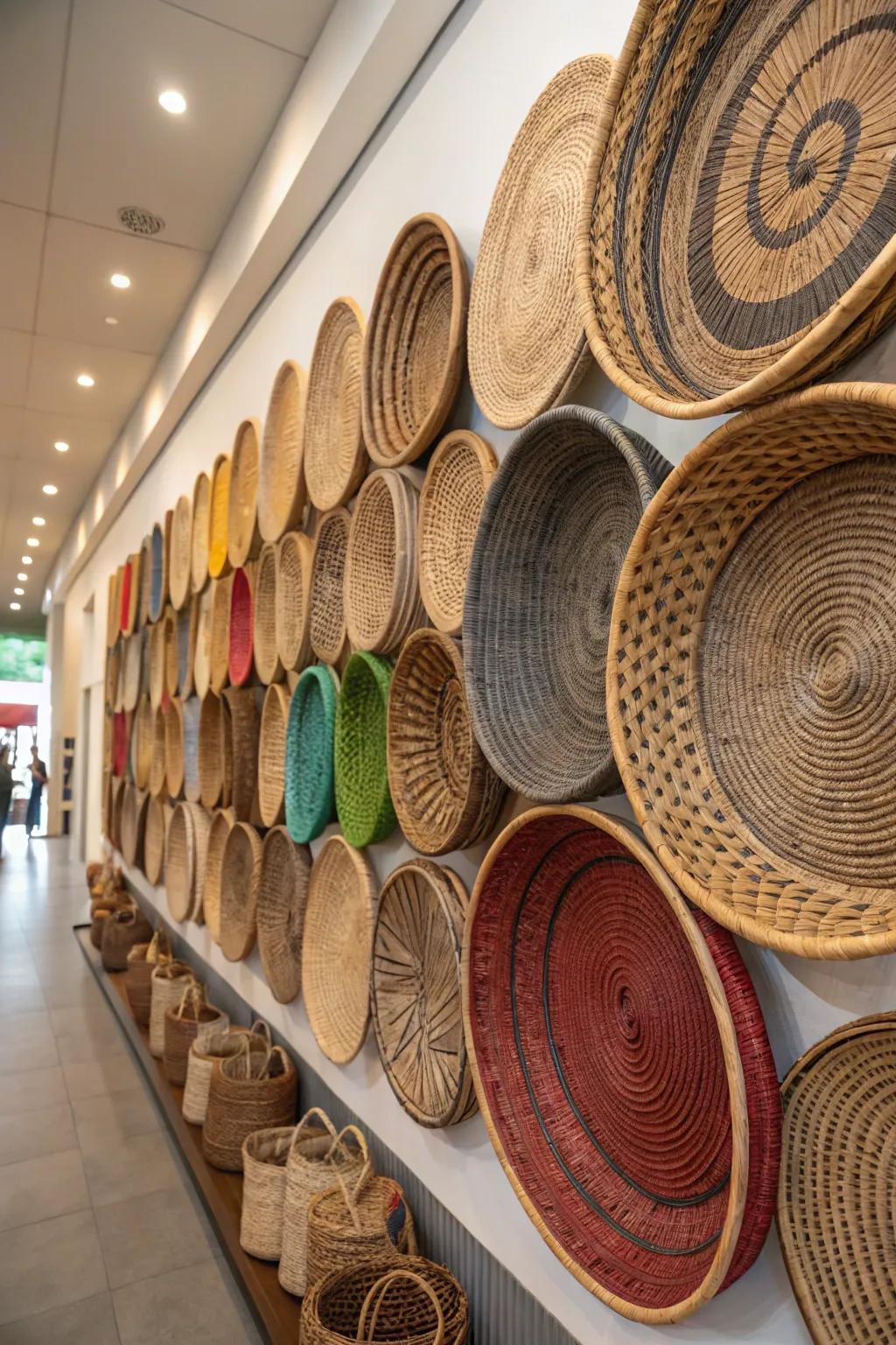 Basket walls add warmth and texture to large, empty walls.