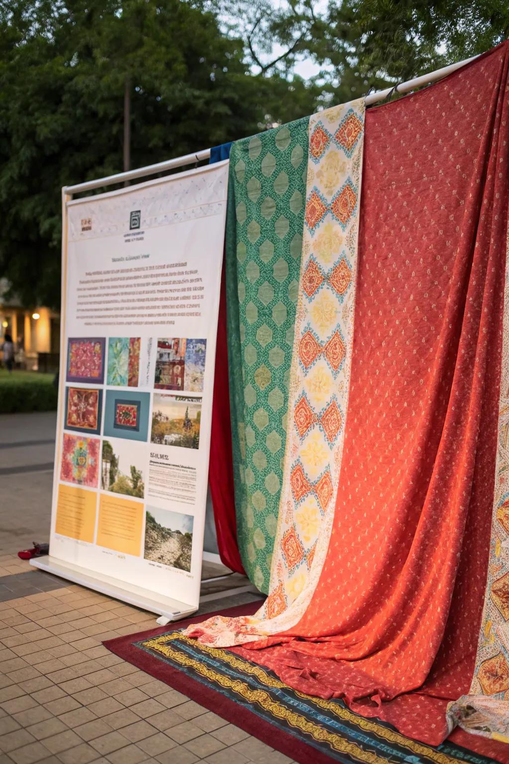 A textile backdrop adds luxury to poster displays.