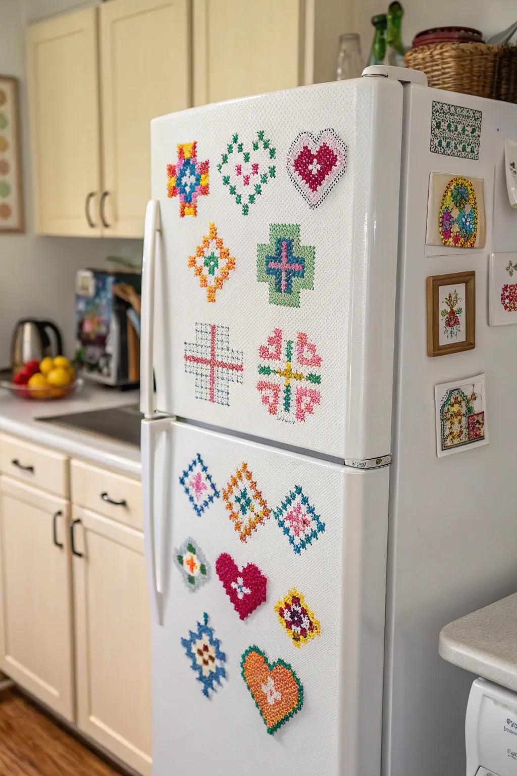 Cross-stitch holdfasts bring color and charm to kitchen appliances.
