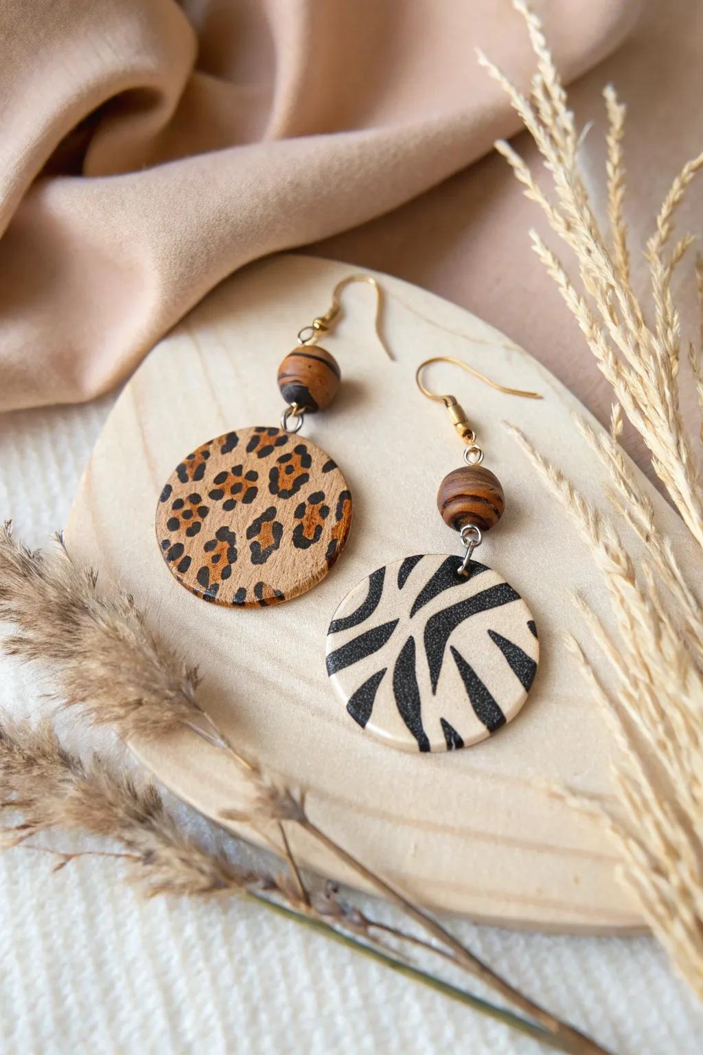 Unleash your wild side with these stunning clay earrings in beast print patterns, where simplicity meets natural beauty.
