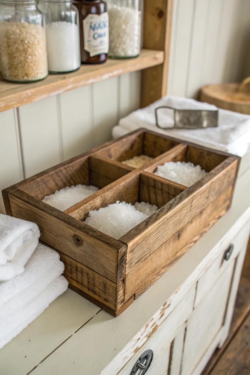 Charming and rustic magnesium flake storage in wooden containers