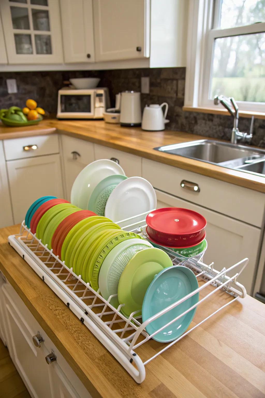 Roll-up drying rack as a lid organizer.