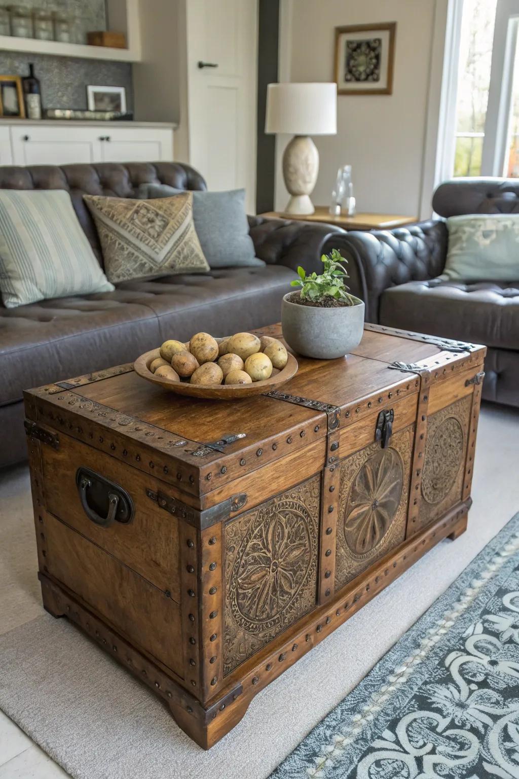 Vintage luggage introduces personality while keeping vegetables.