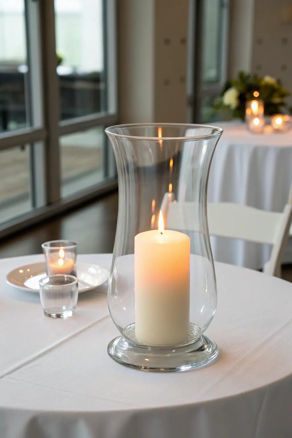 A singular upright candle within a wind-resistant holder to embody an understated and chic aesthetic.