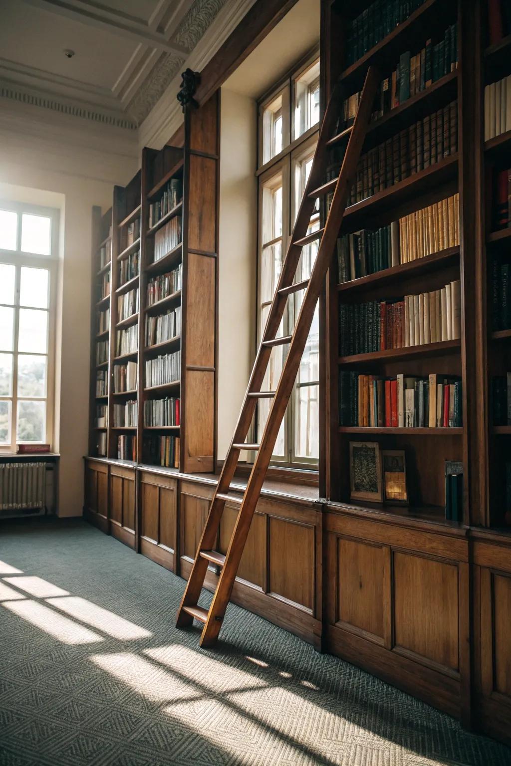 A rolling ladder adds charm and function to high shelves.