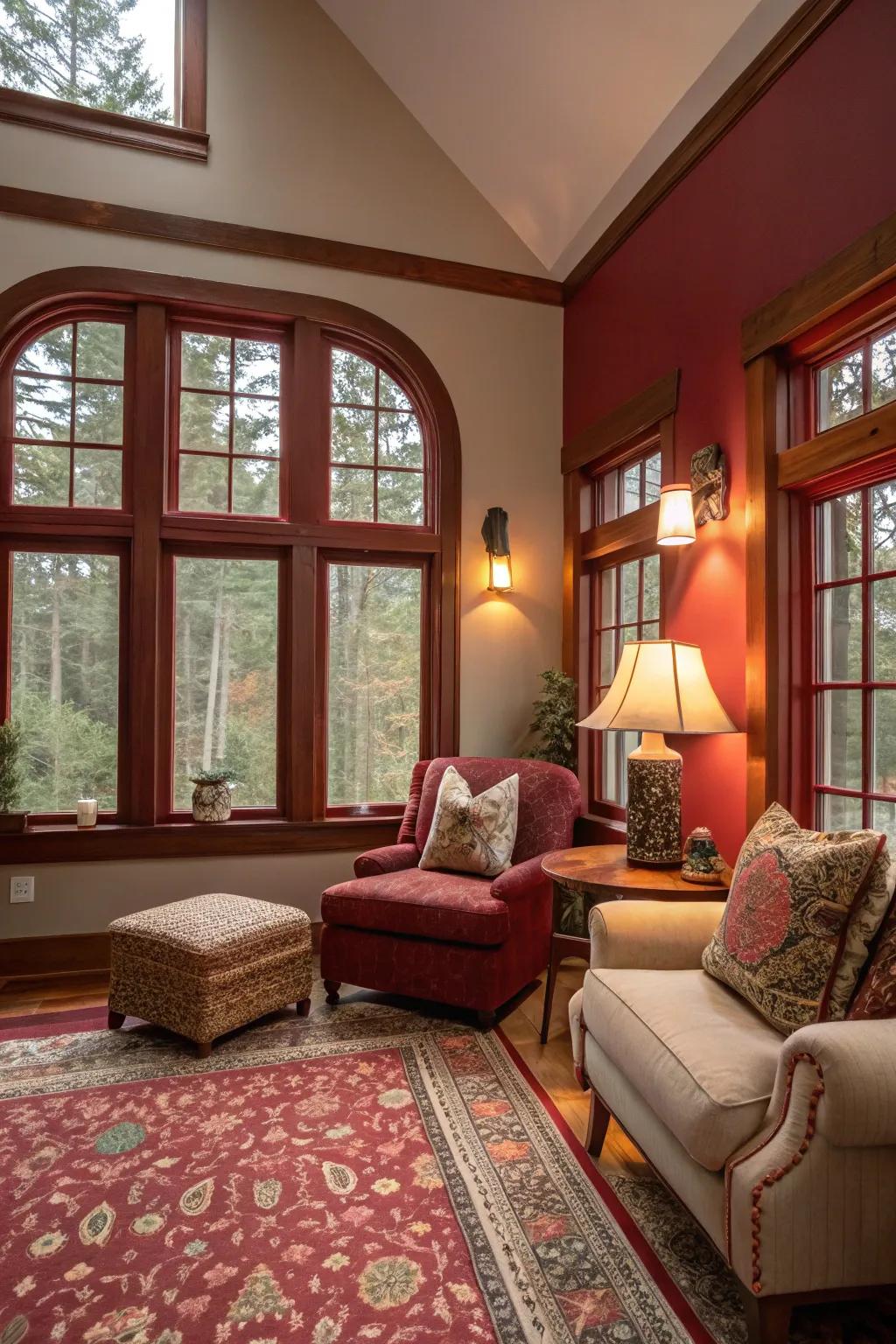 Deep red frames contribute warmth and coziness to your space.