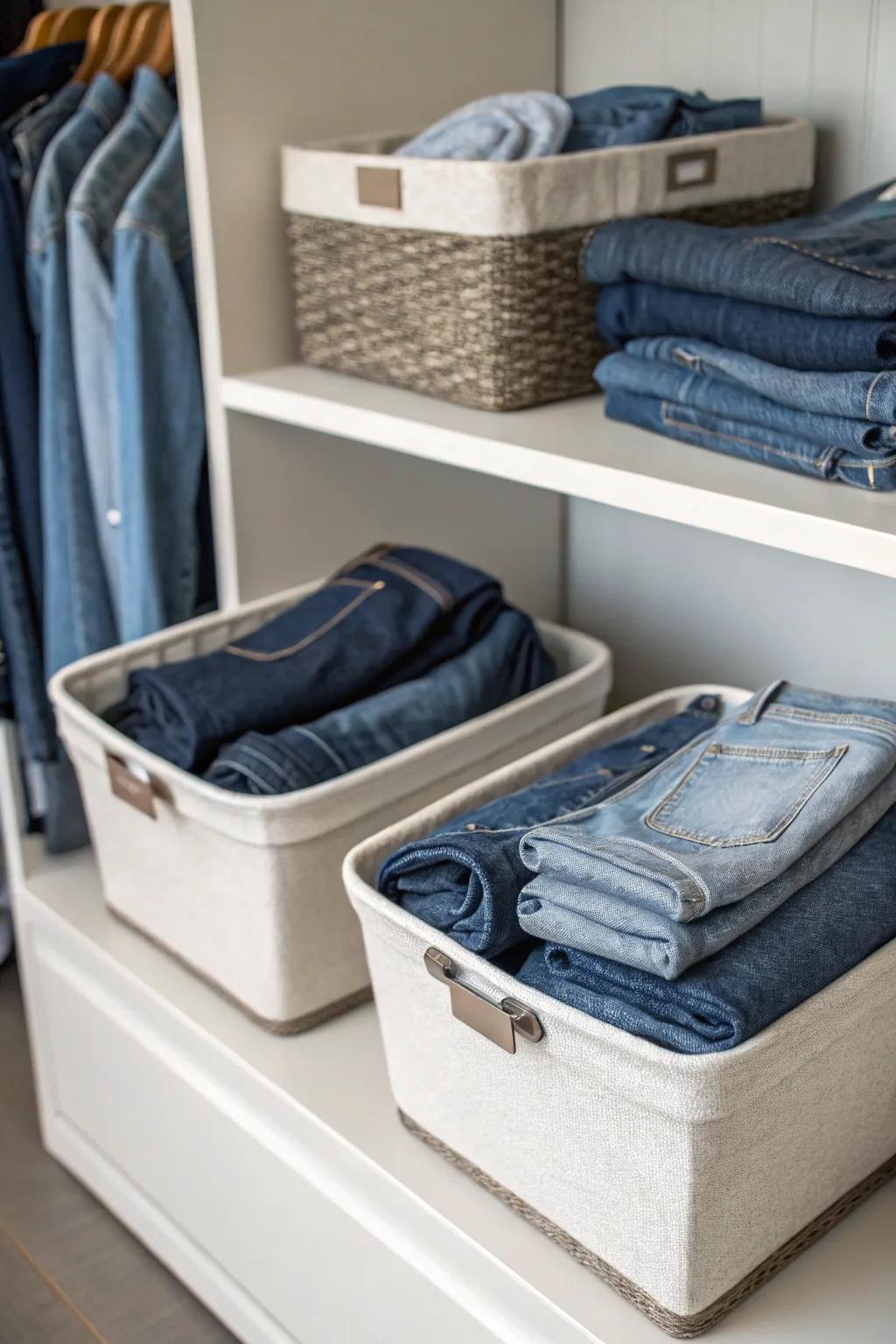 Fabric baskets are an attractive and functional way to store jeans.