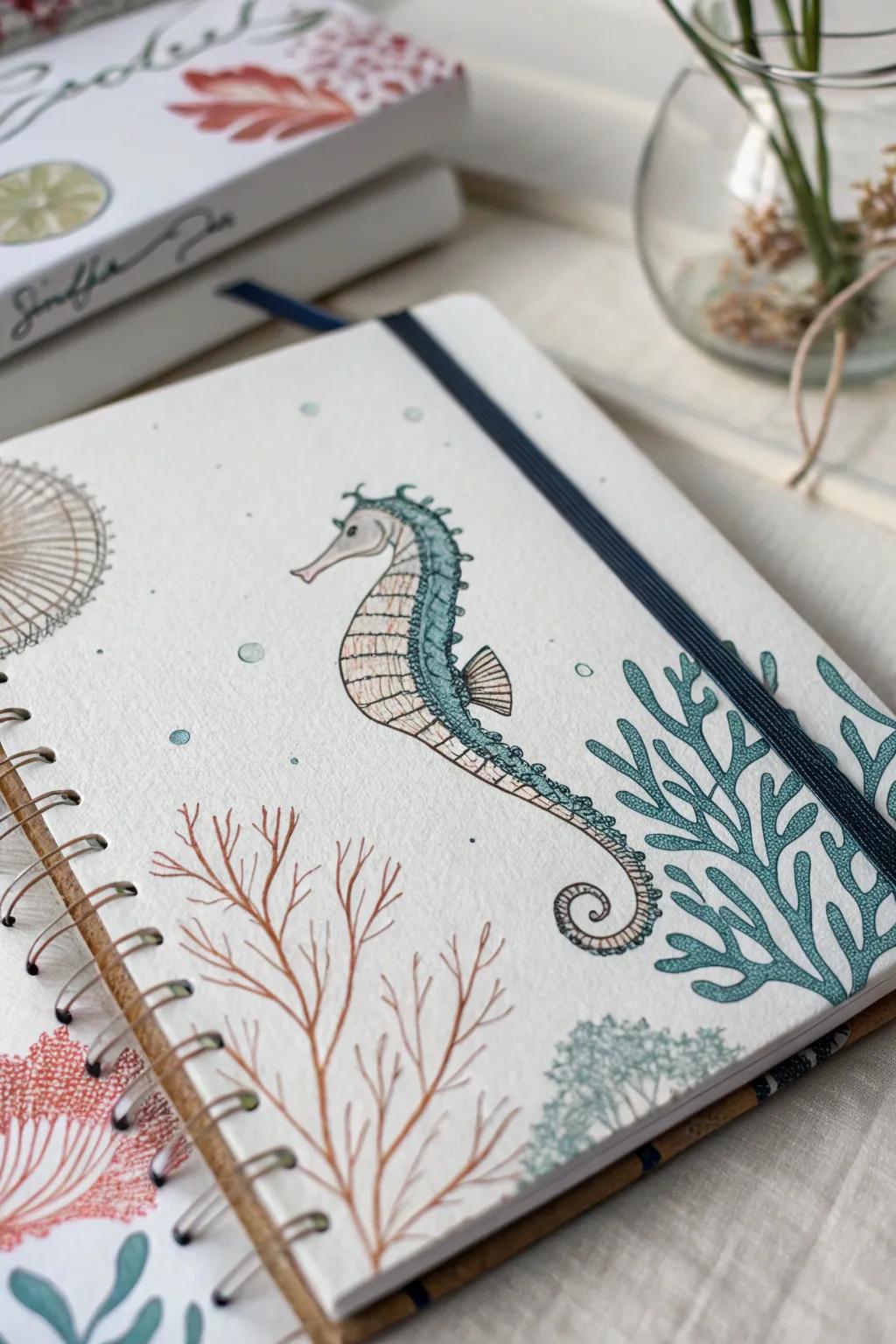 Dive into creativity with this elegant 'Beneath the Ocean' bullet journal cover, where Scandinavian minimalism meets vibrant oceanic artistry.