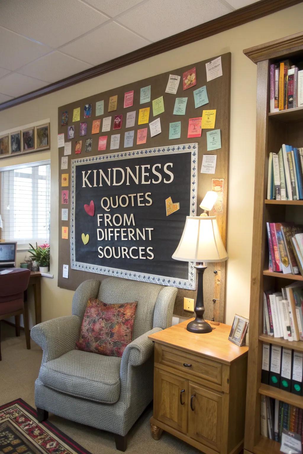 A cozy study showcases a kindness quote wall, filled with inspirational sayings from diverse sources.