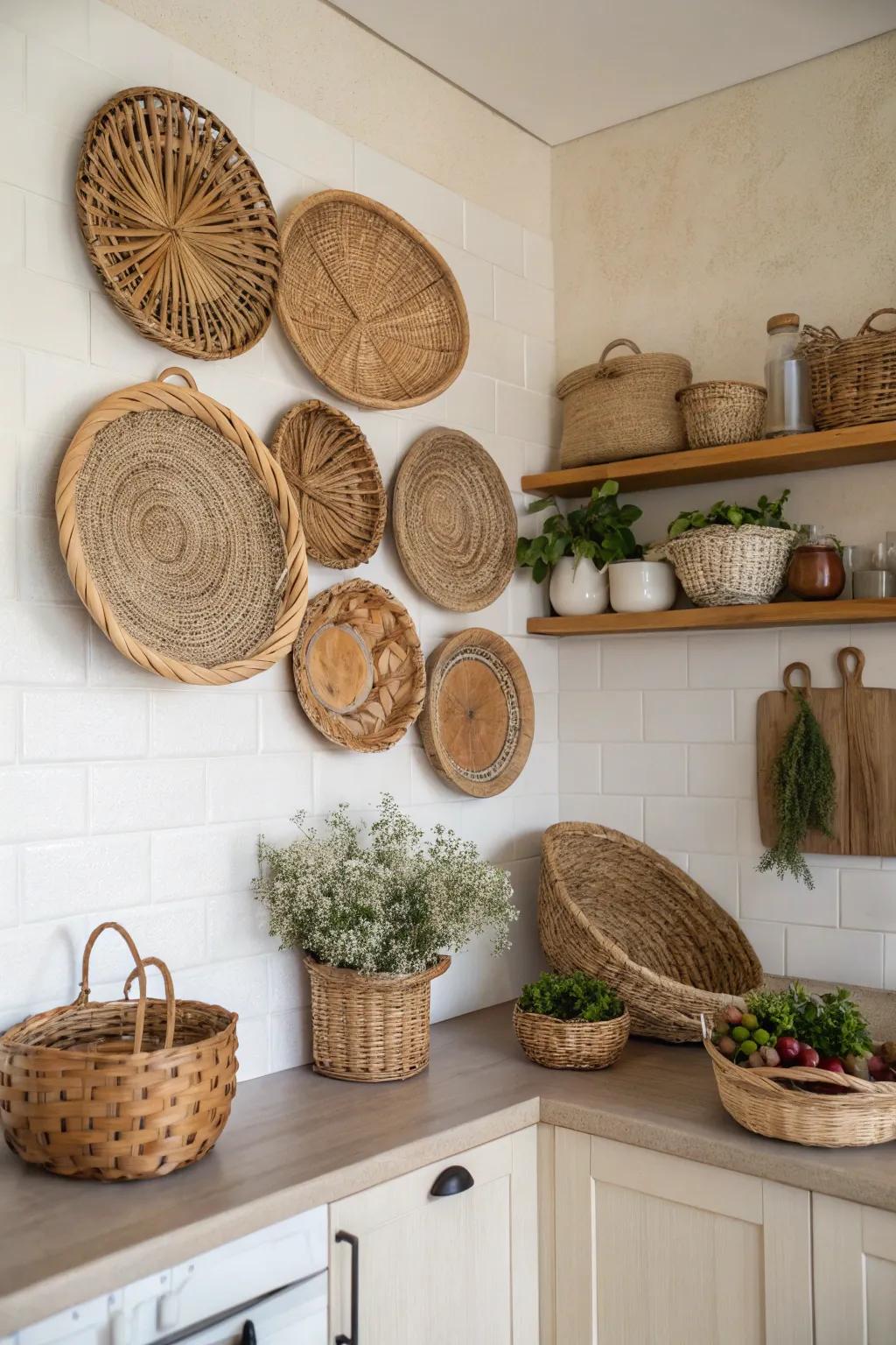 A basket wall introduces layers of texture and a natural, inviting feel to the kitchen.