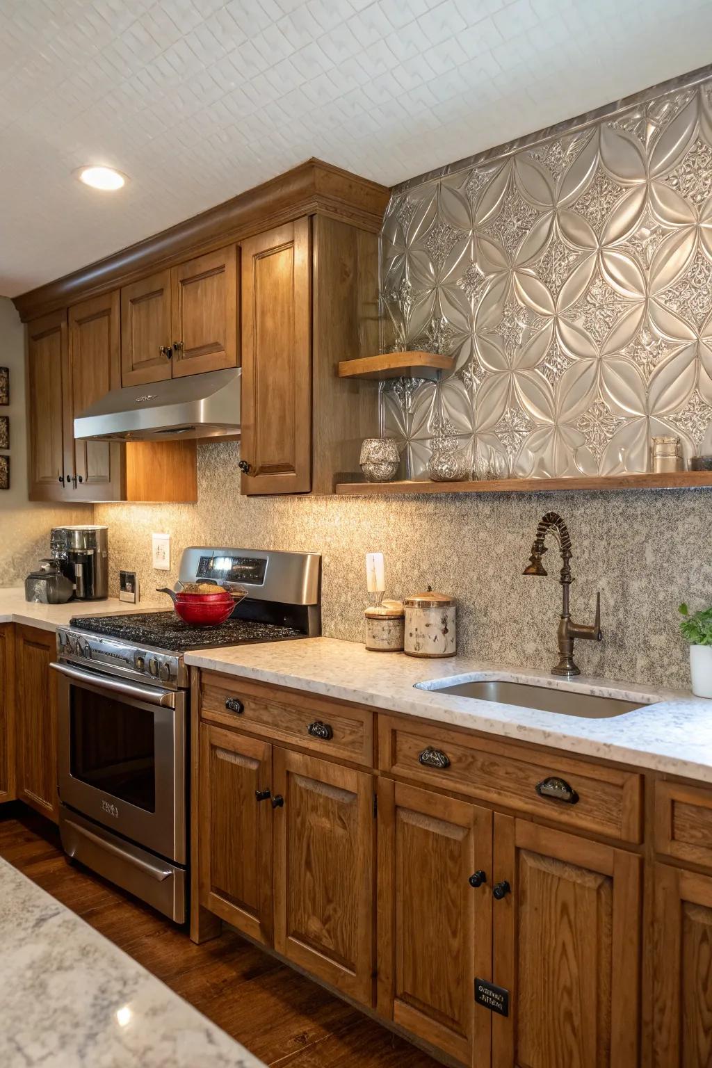 Pressed metallic panels bring a touch of vintage elegance to your kitchen.